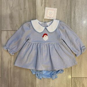 NWT Cypress Row Blue and White Striped Santa Holiday Bloomer Short Set, girls 6M